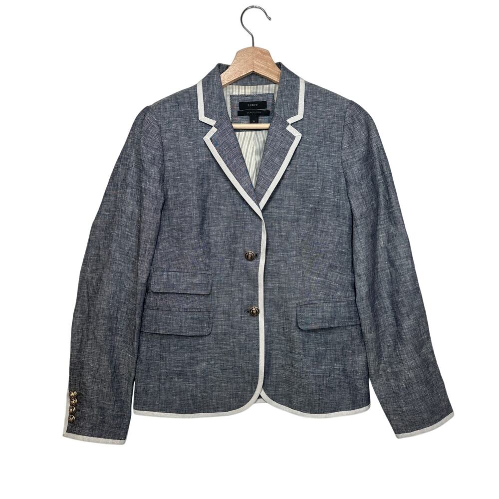J. Crew Schoolboy Blazer Blue Chambray Linen White Tipping Sz 0 Preppy Career